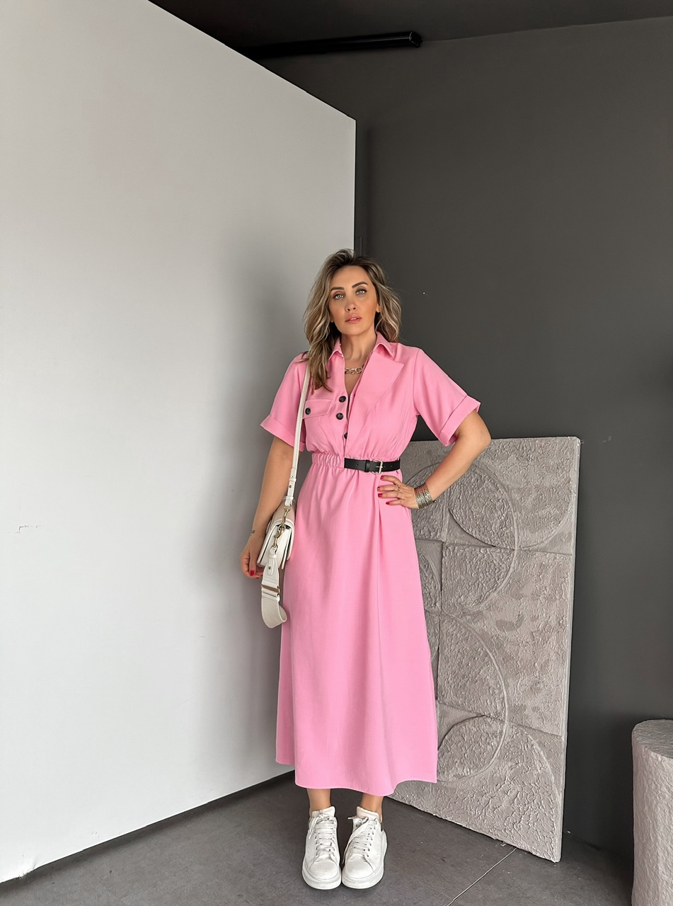 Pembe Kemerli Tek Cepli Tasarım Elbise