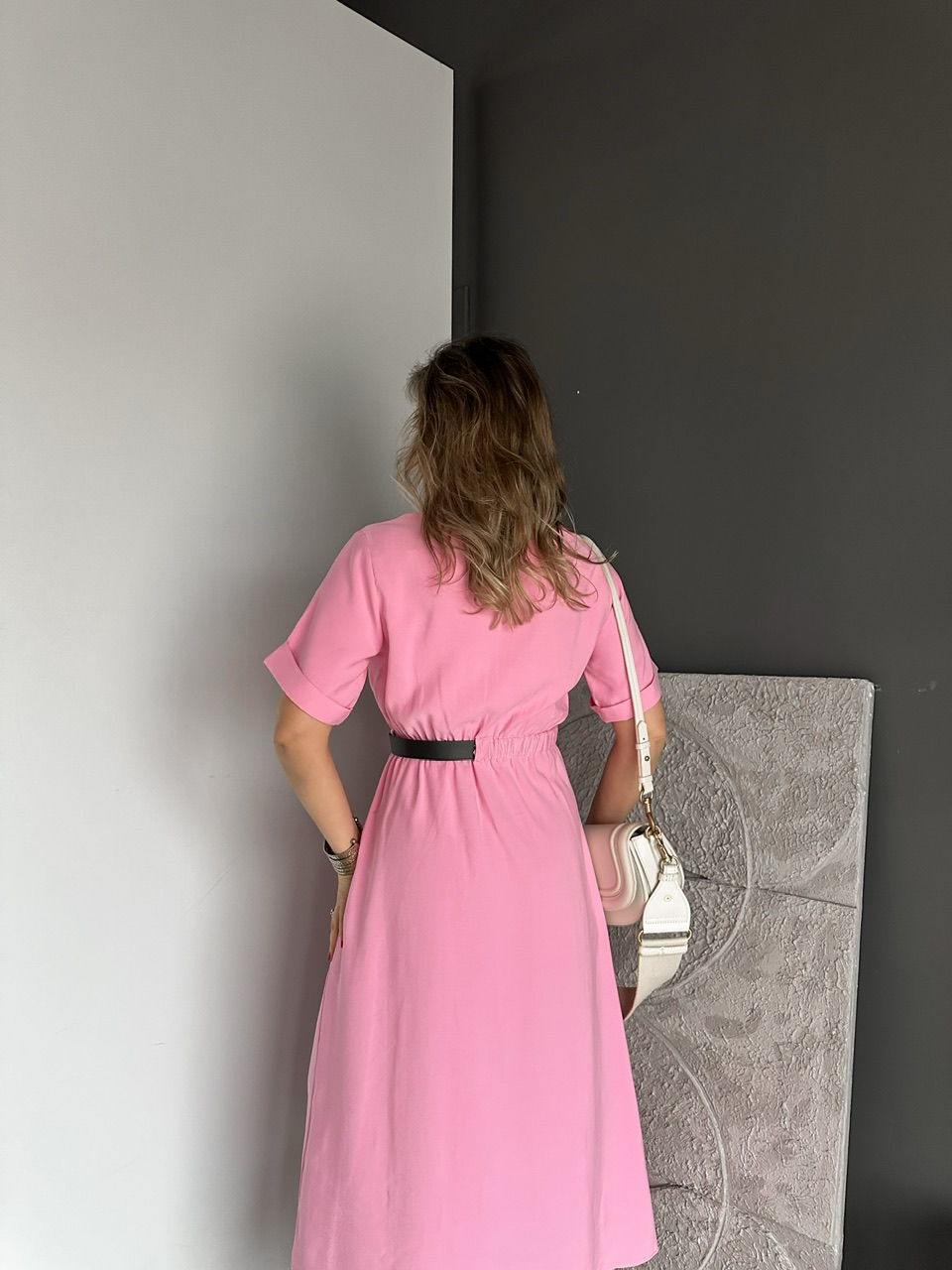 Pembe Kemerli Tek Cepli Tasarım Elbise