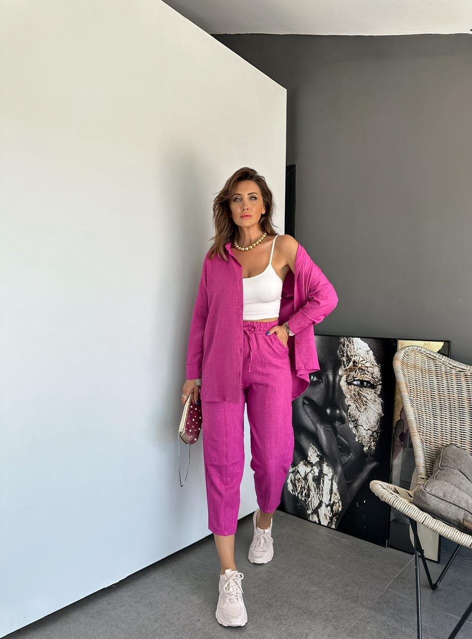 Pembe Keten Gömlekli Basic Takım