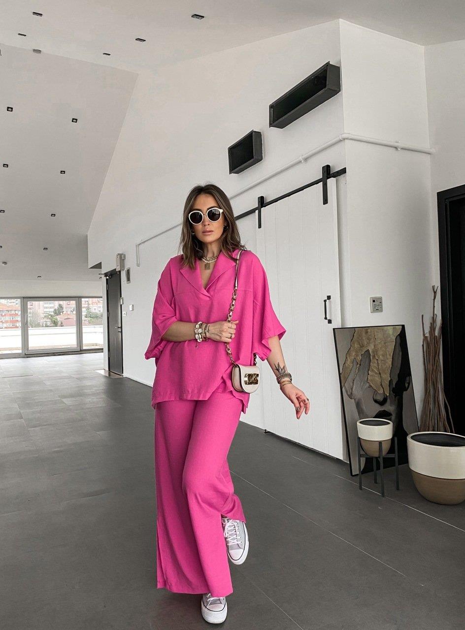 Pembe Keten Paçası Yırtmaçlı Takım