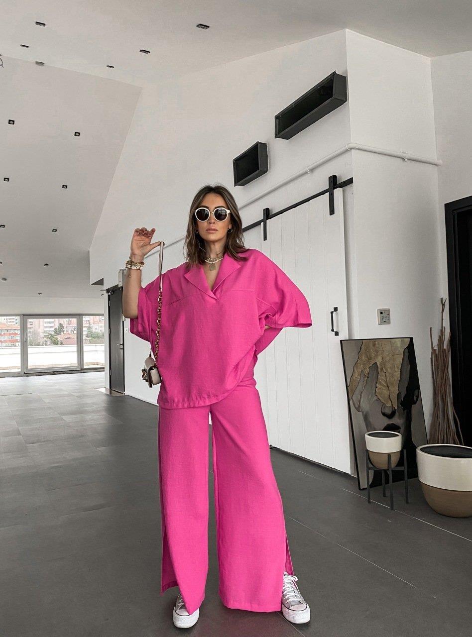 Pembe Keten Paçası Yırtmaçlı Takım