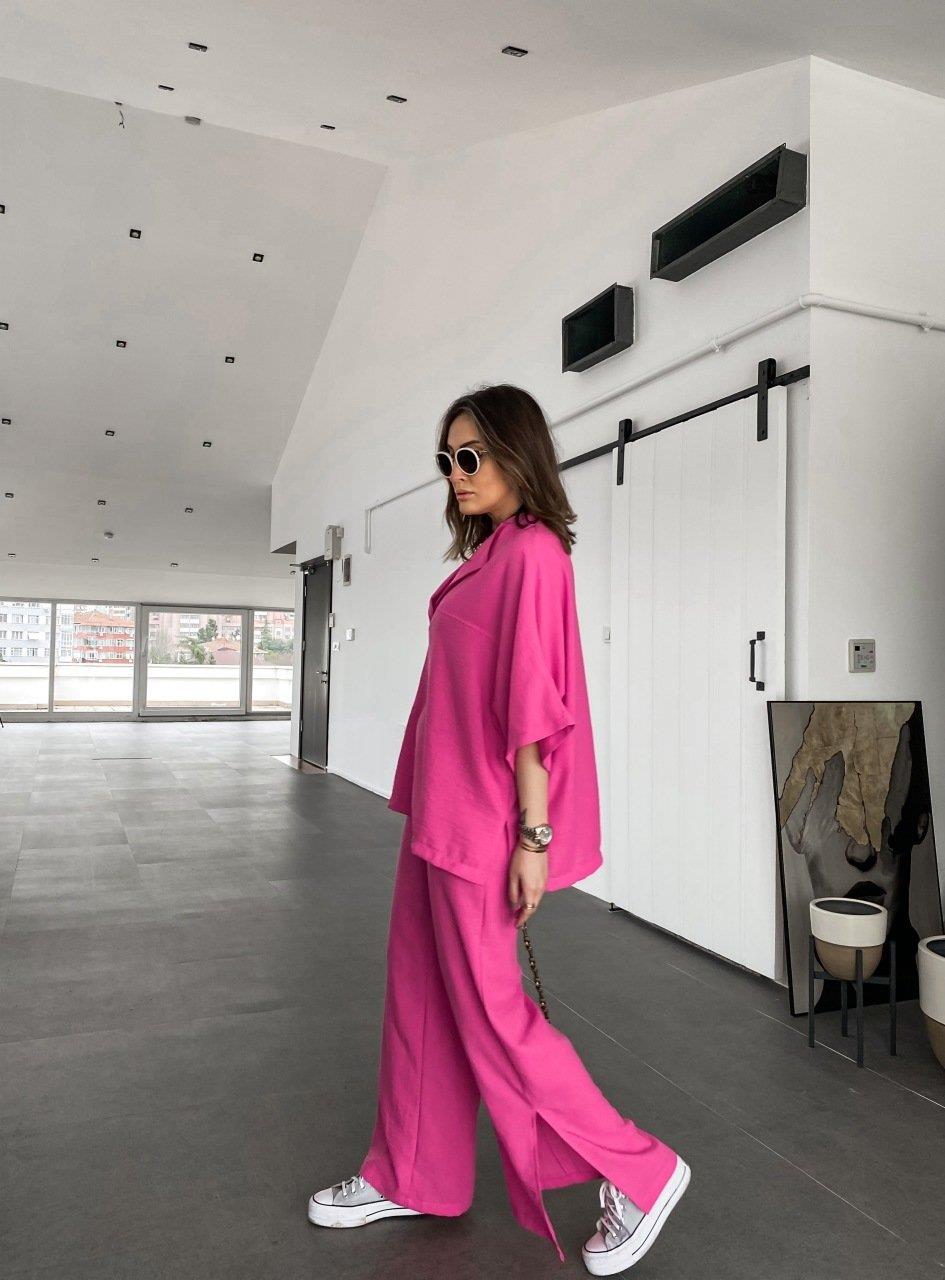 Pembe Keten Paçası Yırtmaçlı Takım