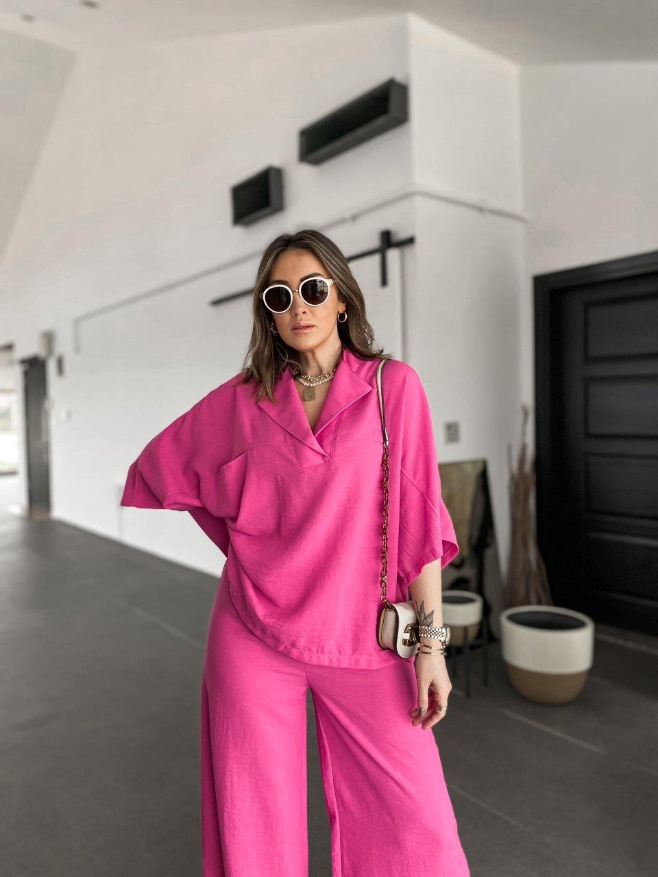 Pembe Keten Paçası Yırtmaçlı Takım