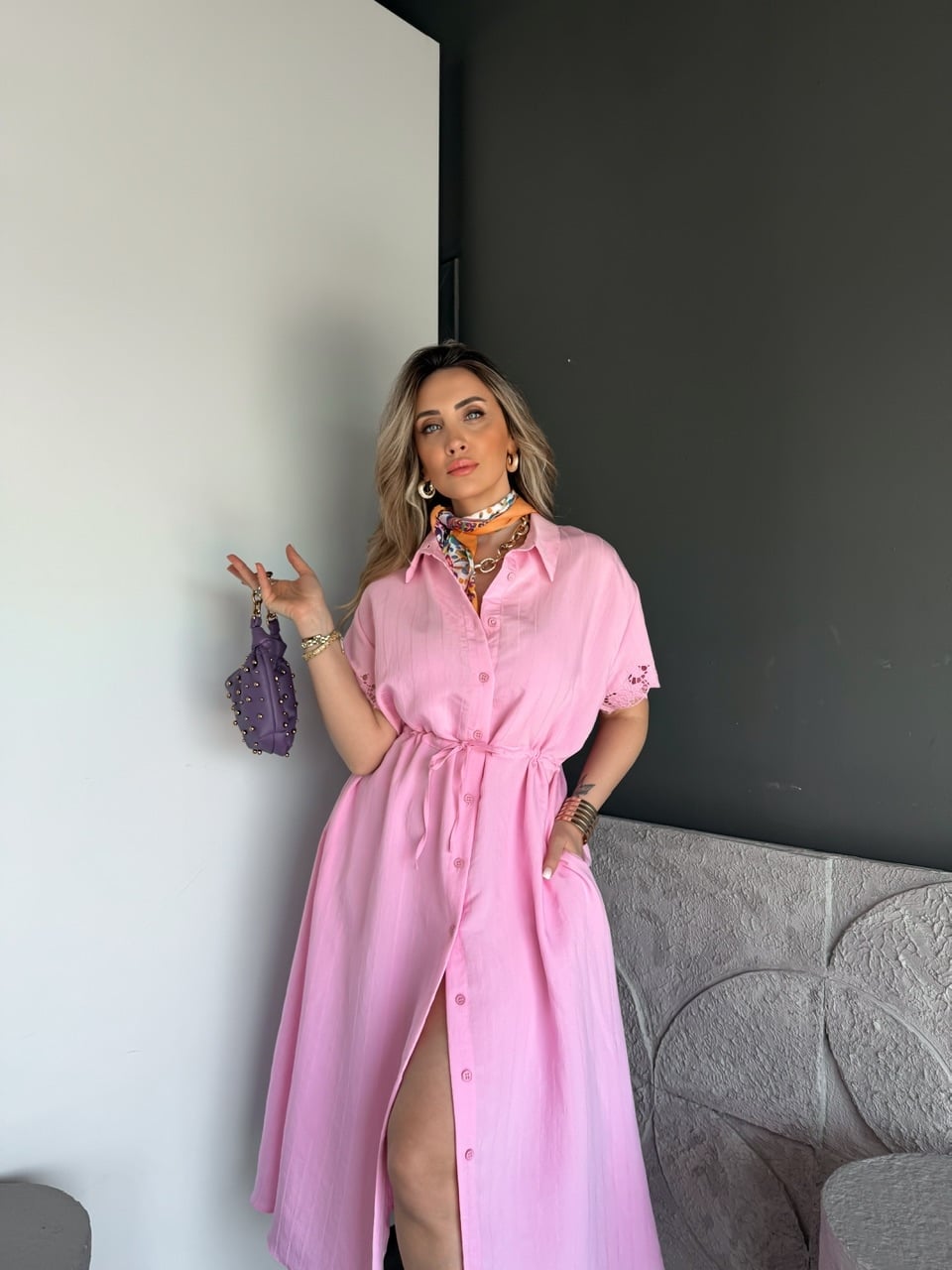Pembe Kolları Fistolu Beli İpli Elbise