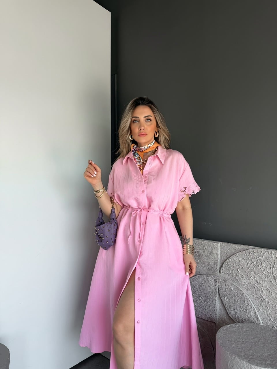 Pembe Kolları Fistolu Beli İpli Elbise