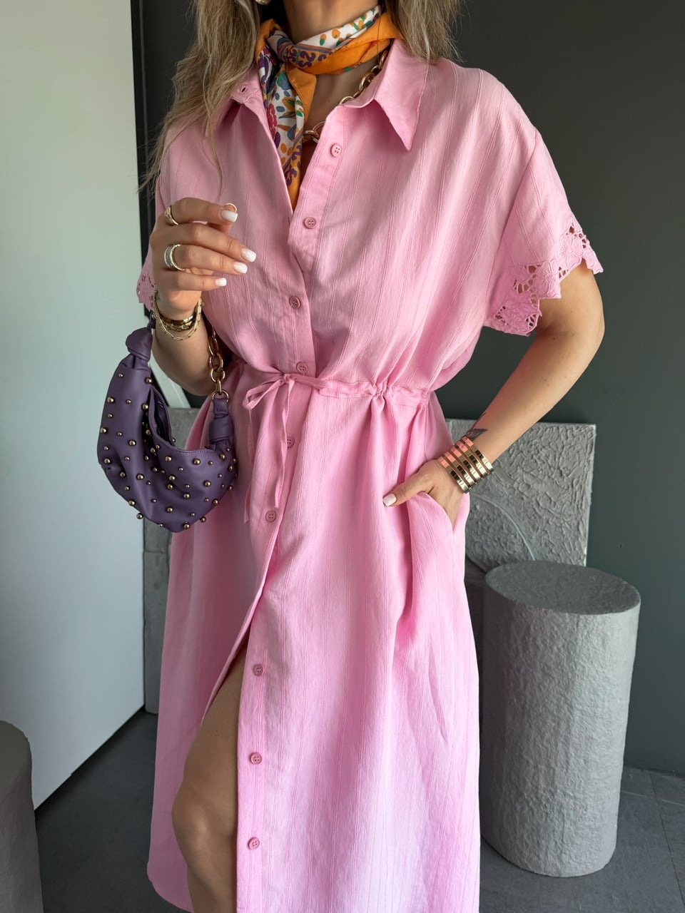 Pembe Kolları Fistolu Beli İpli Elbise