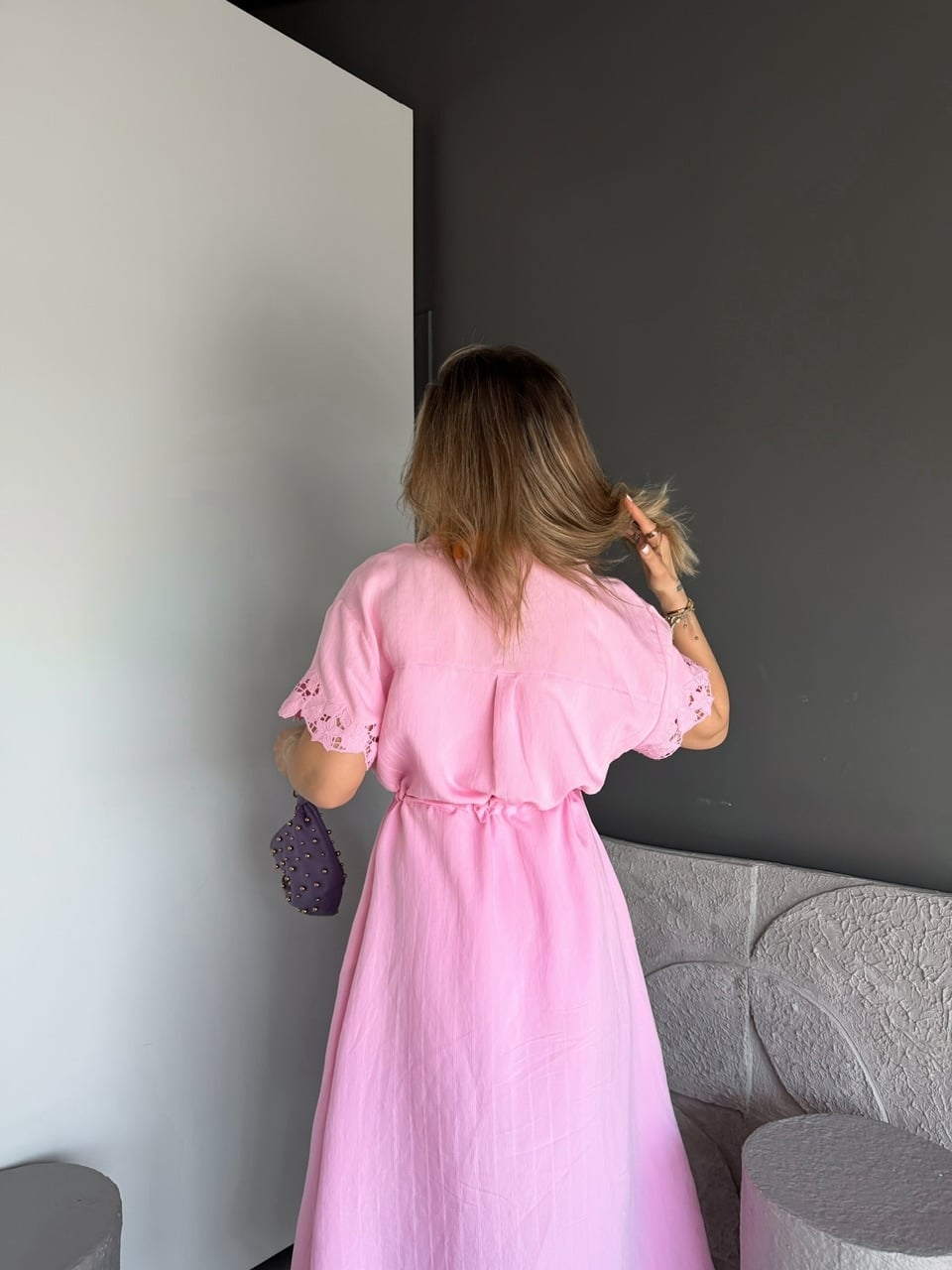 Pembe Kolları Fistolu Beli İpli Elbise
