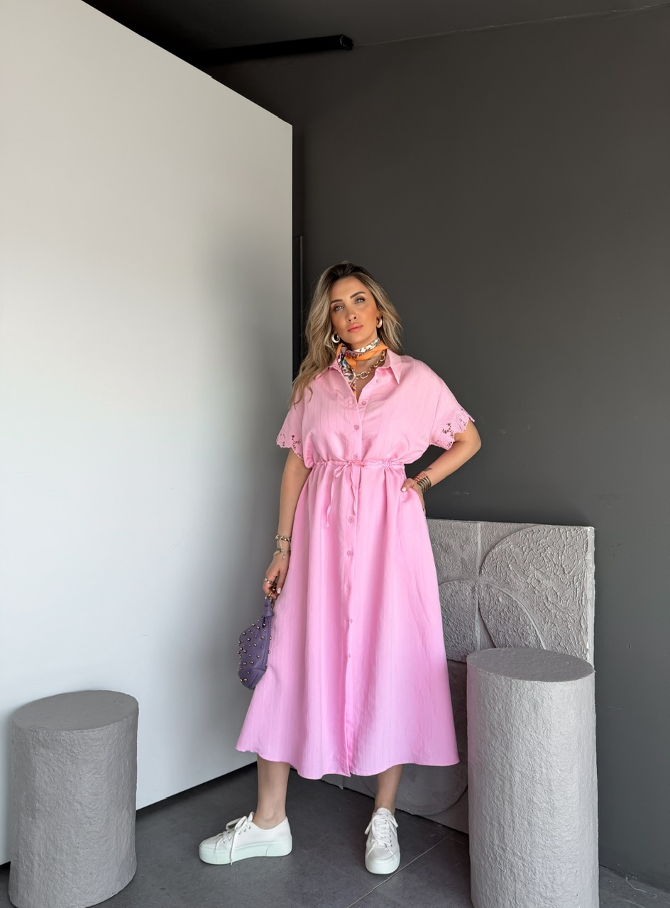 Pembe Kolları Fistolu Beli İpli Elbise