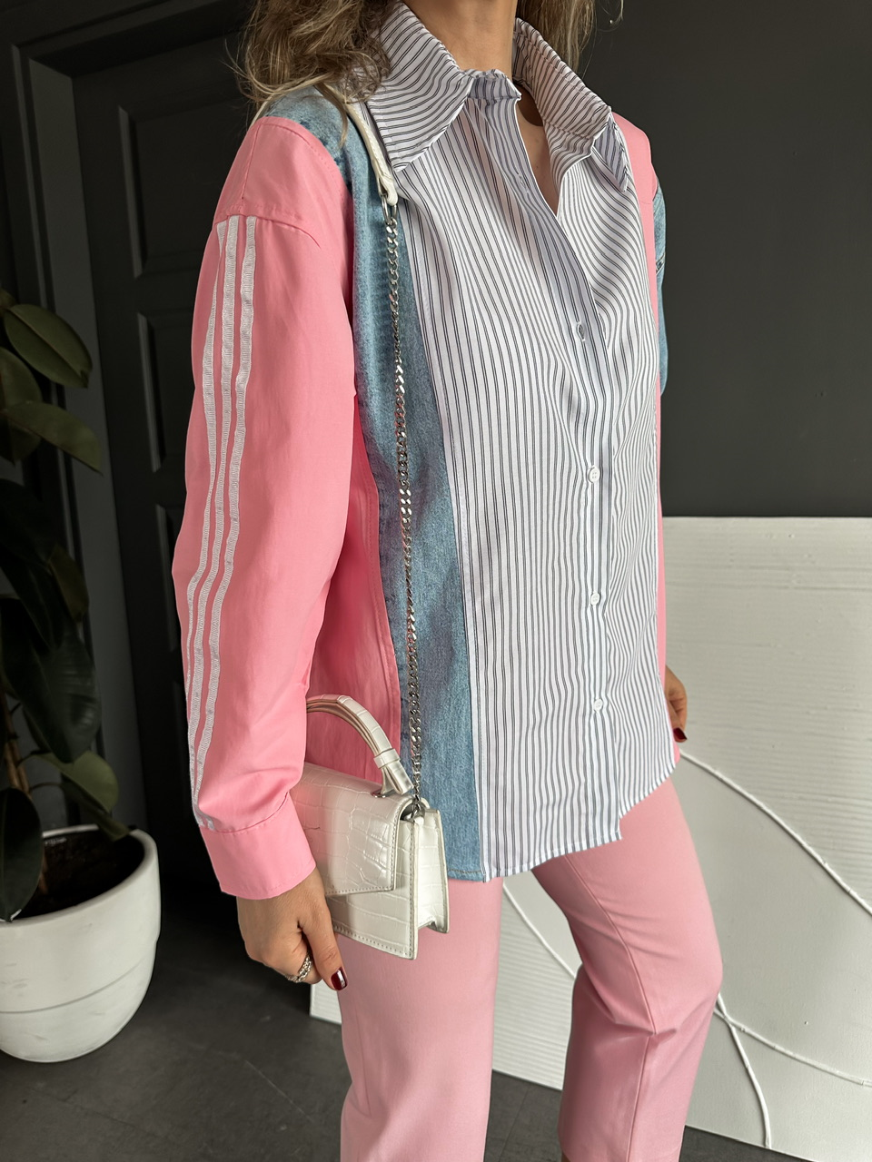 Pembe Kot Parçalı Çizgili Gömlek