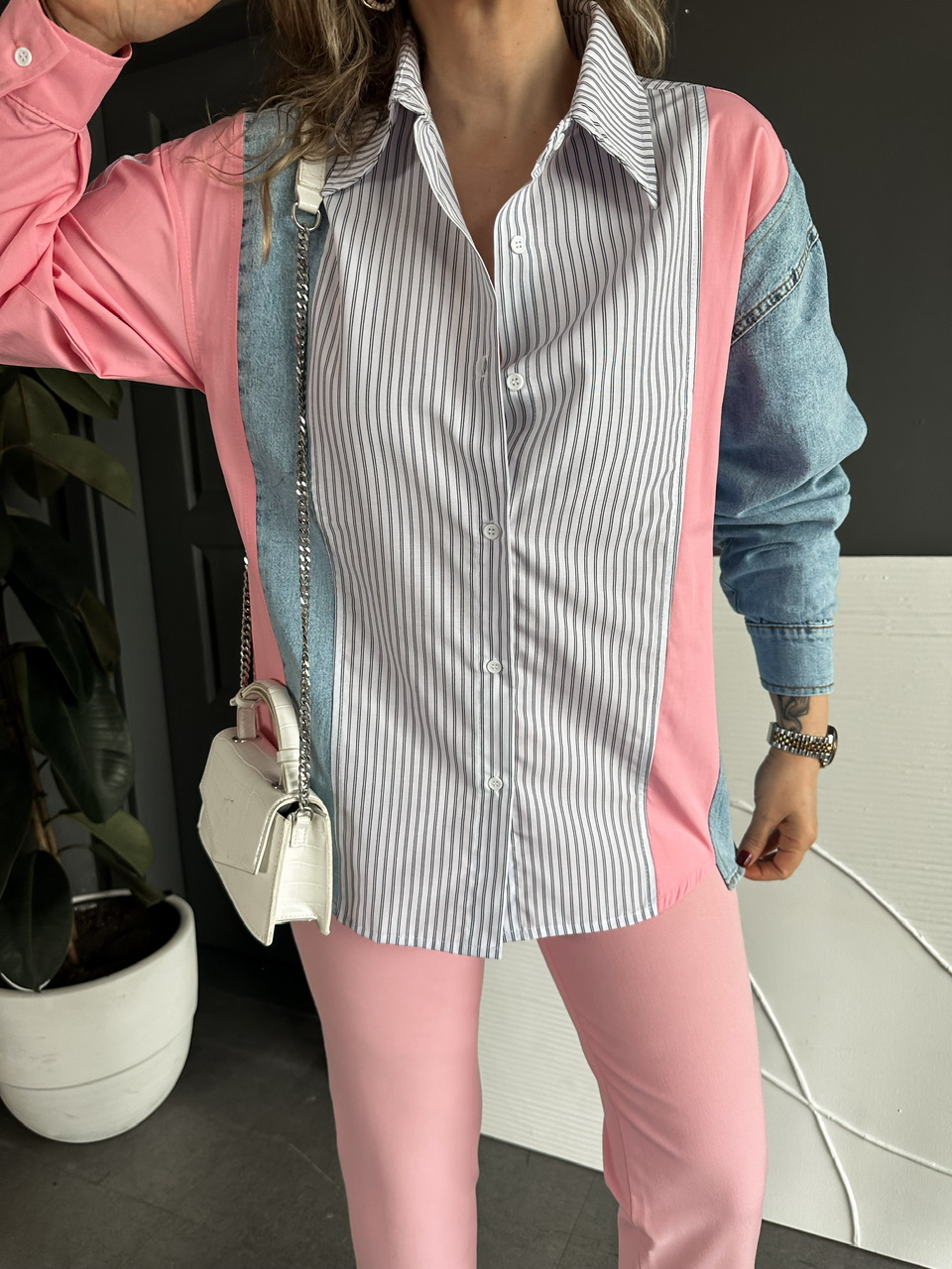 Pembe Kot Parçalı Çizgili Gömlek