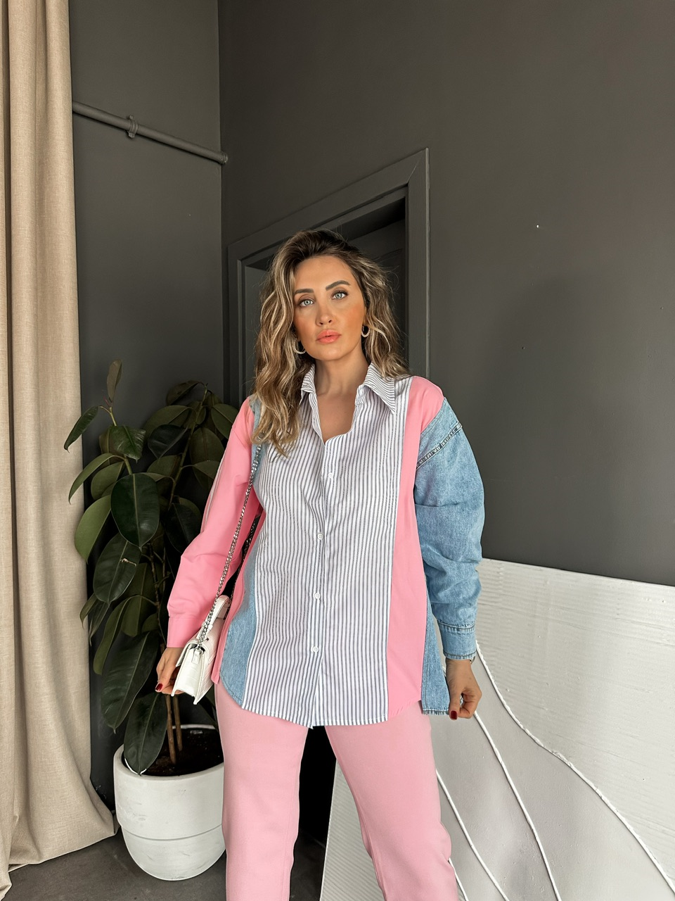 Pembe Kot Parçalı Çizgili Gömlek