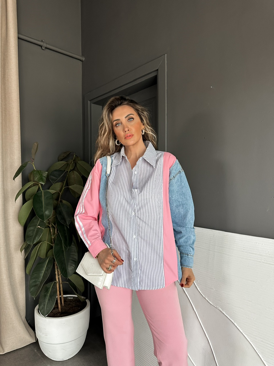 Pembe Kot Parçalı Çizgili Gömlek
