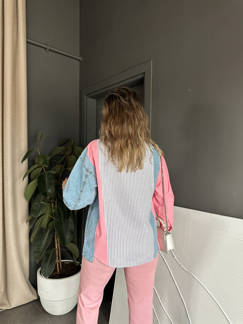 Pembe Kot Parçalı Çizgili Gömlek