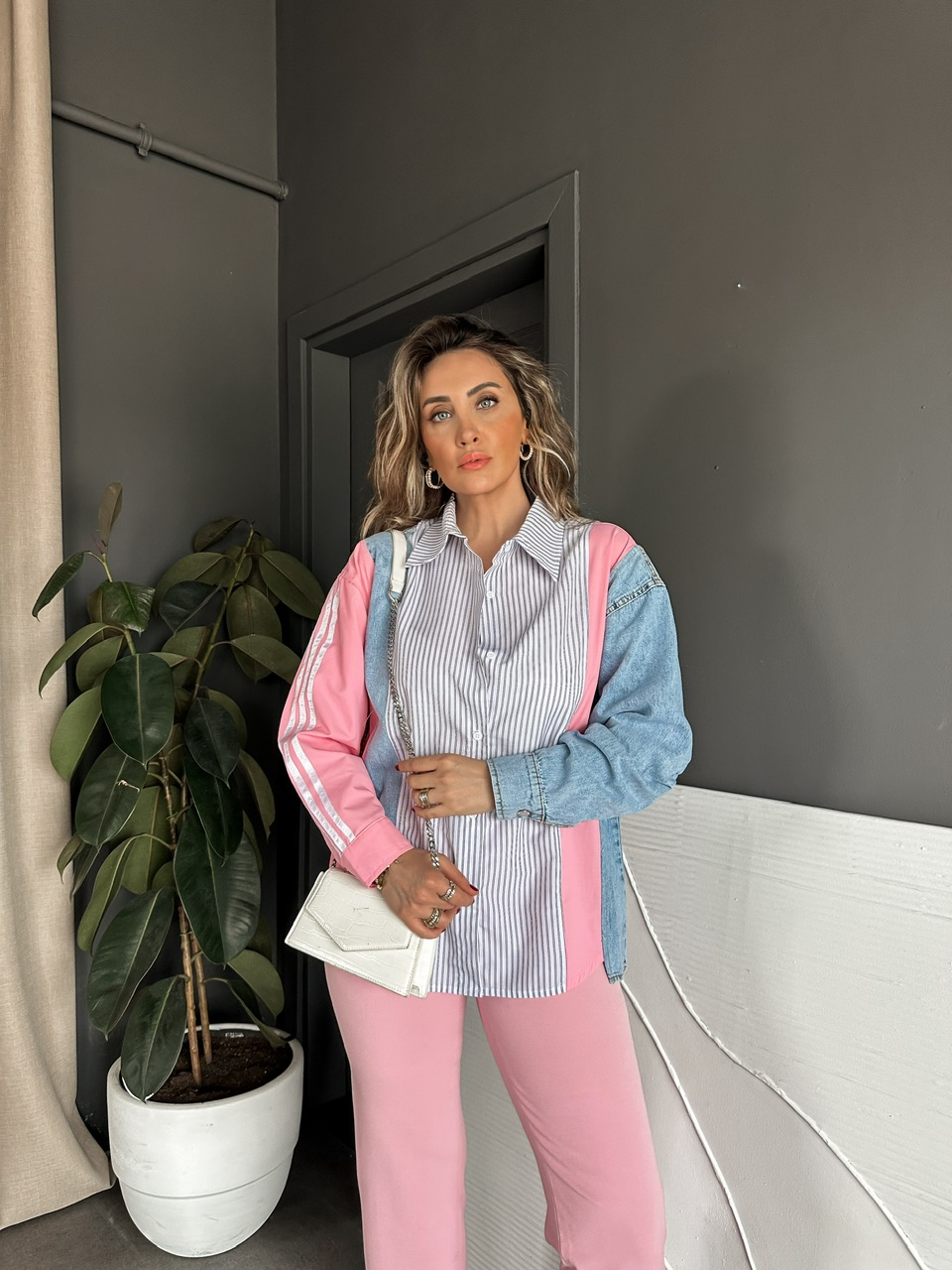 Pembe Kot Parçalı Çizgili Gömlek