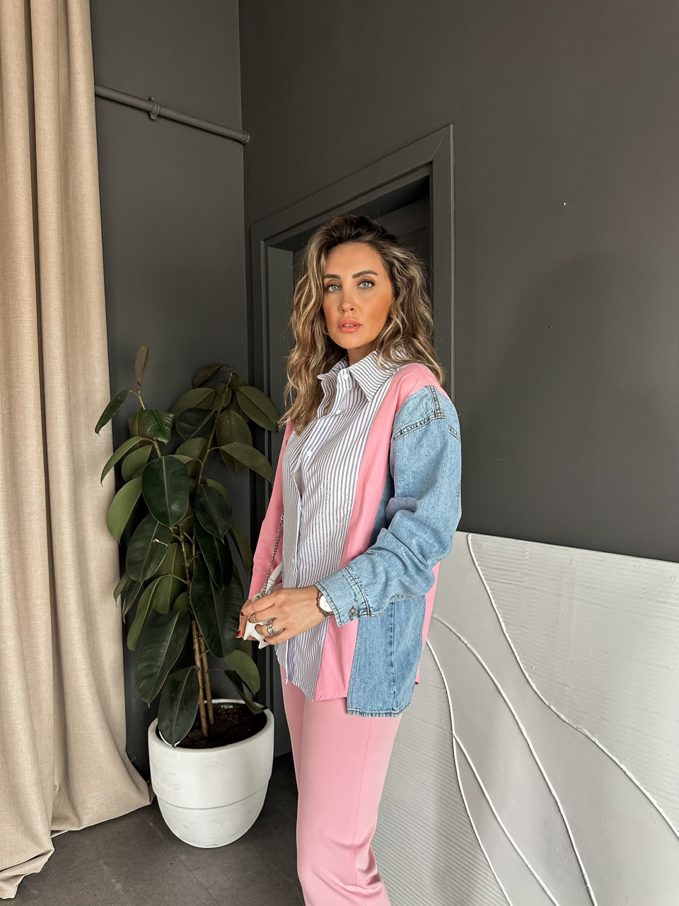 Pembe Kot Parçalı Çizgili Gömlek