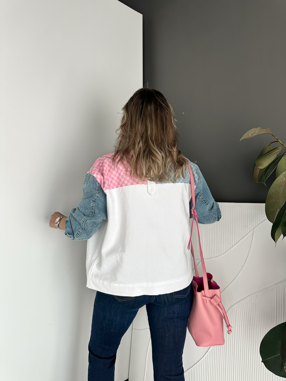Pembe Kot Parçalı Damalı Tasarım Ceket