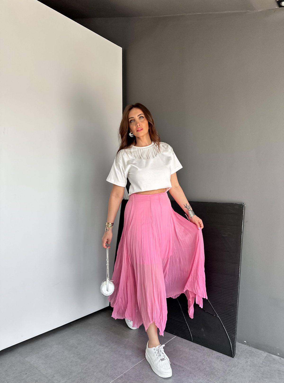 Pembe Kraşlı Asimetrik Etek