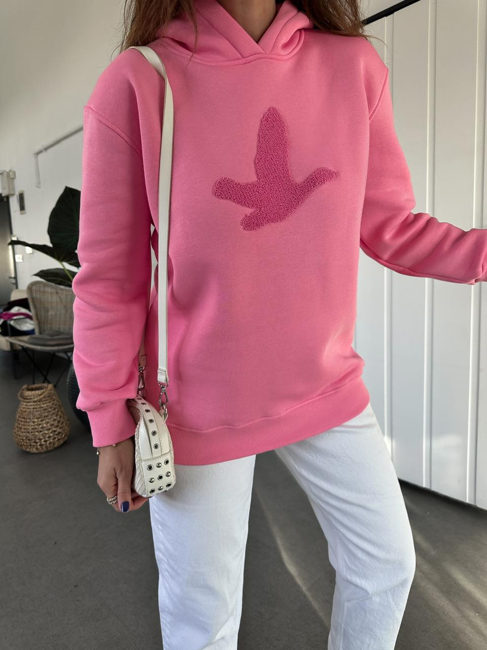 Pembe Kuş Figürlü Kapşonlu Sweatshirt