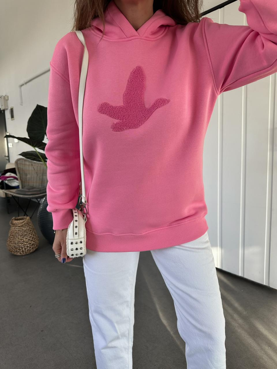 Pembe Kuş Figürlü Kapşonlu Sweatshirt