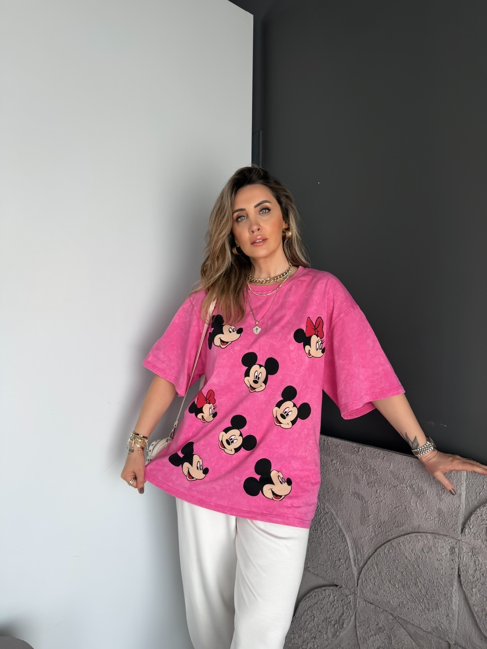 Pembe Mickey Ve Minnie Baskılı Tshirt