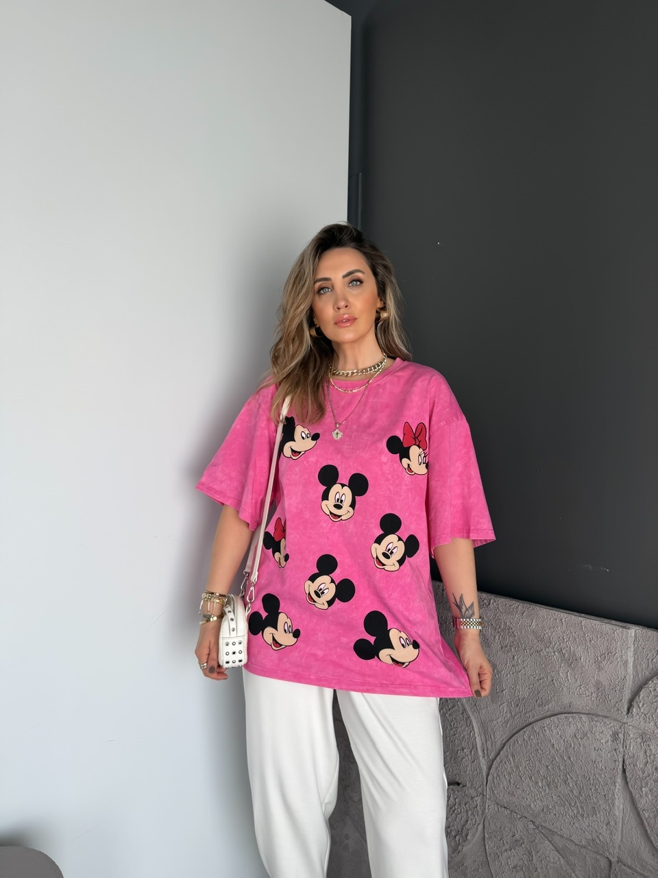 Pembe Mickey Ve Minnie Baskılı Tshirt