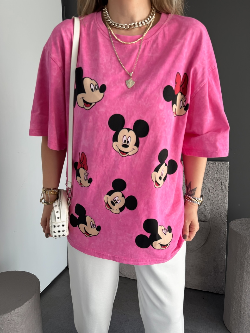 Pembe Mickey Ve Minnie Baskılı Tshirt