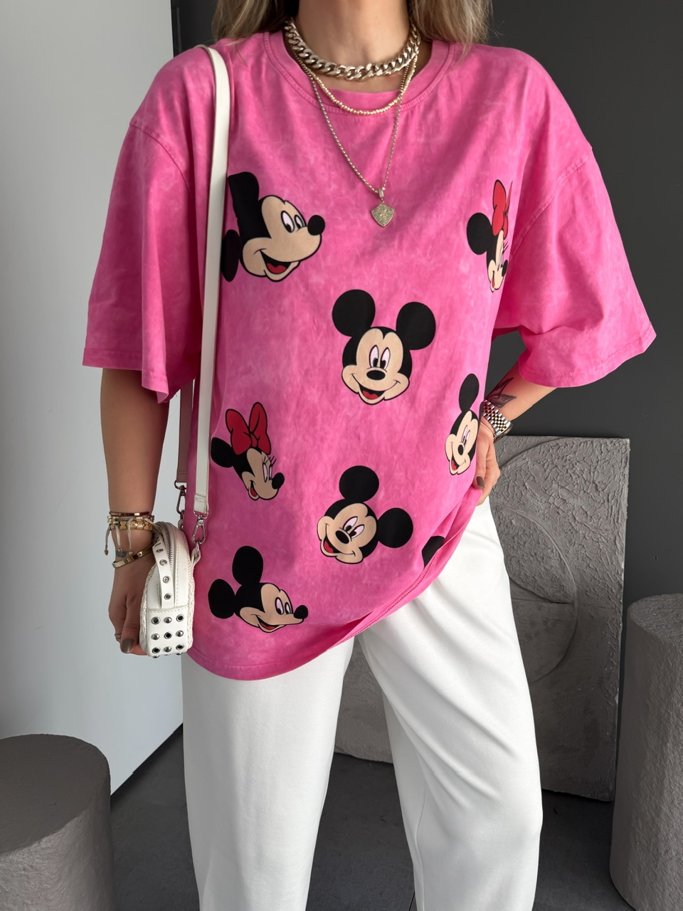 Pembe Mickey Ve Minnie Baskılı Tshirt
