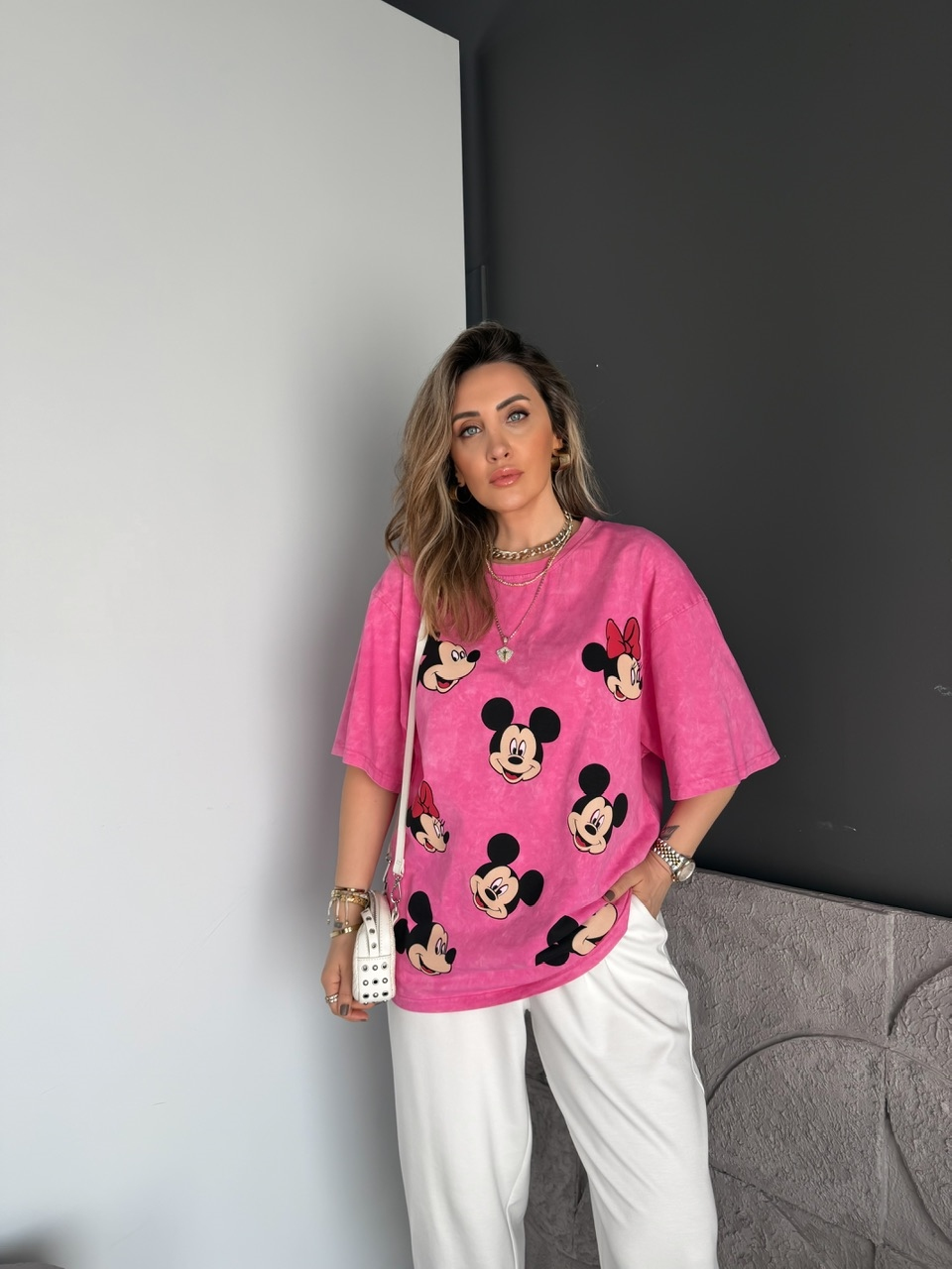 Pembe Mickey Ve Minnie Baskılı Tshirt
