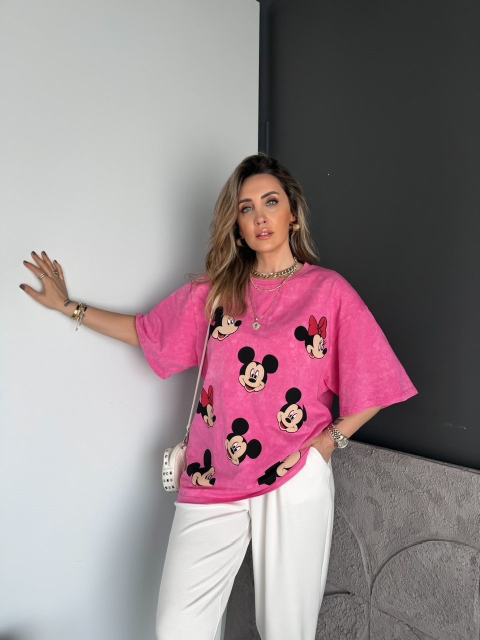 Pembe Mickey Ve Minnie Baskılı Tshirt