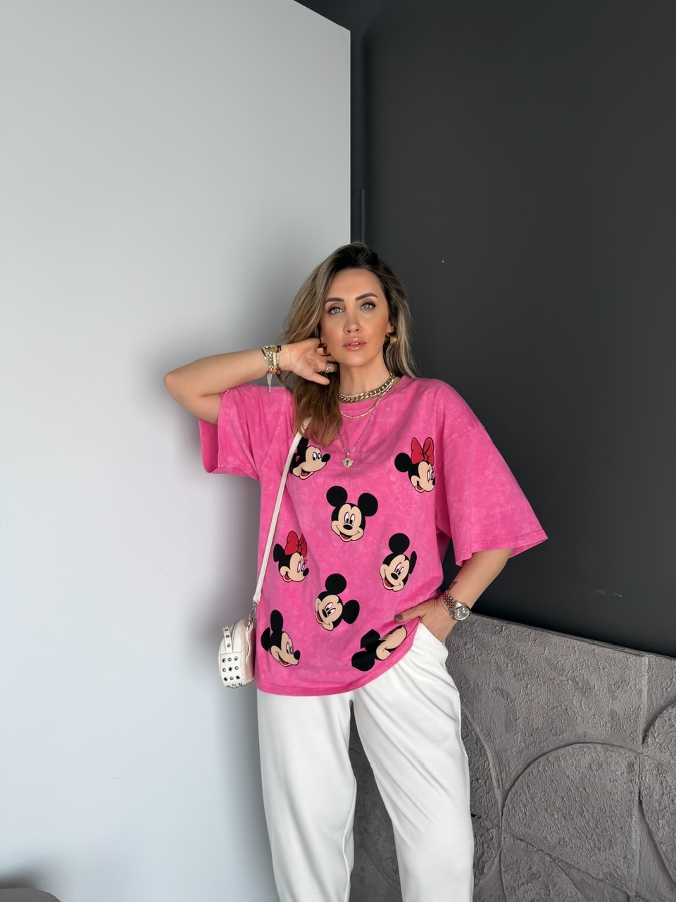 Pembe Mickey Ve Minnie Baskılı Tshirt