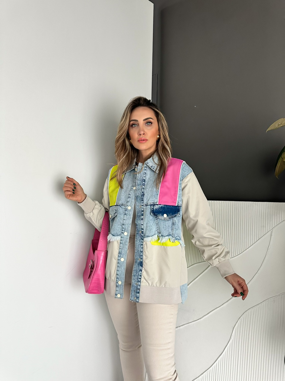 Pembe Neon Blok Renkli Kot Ceket