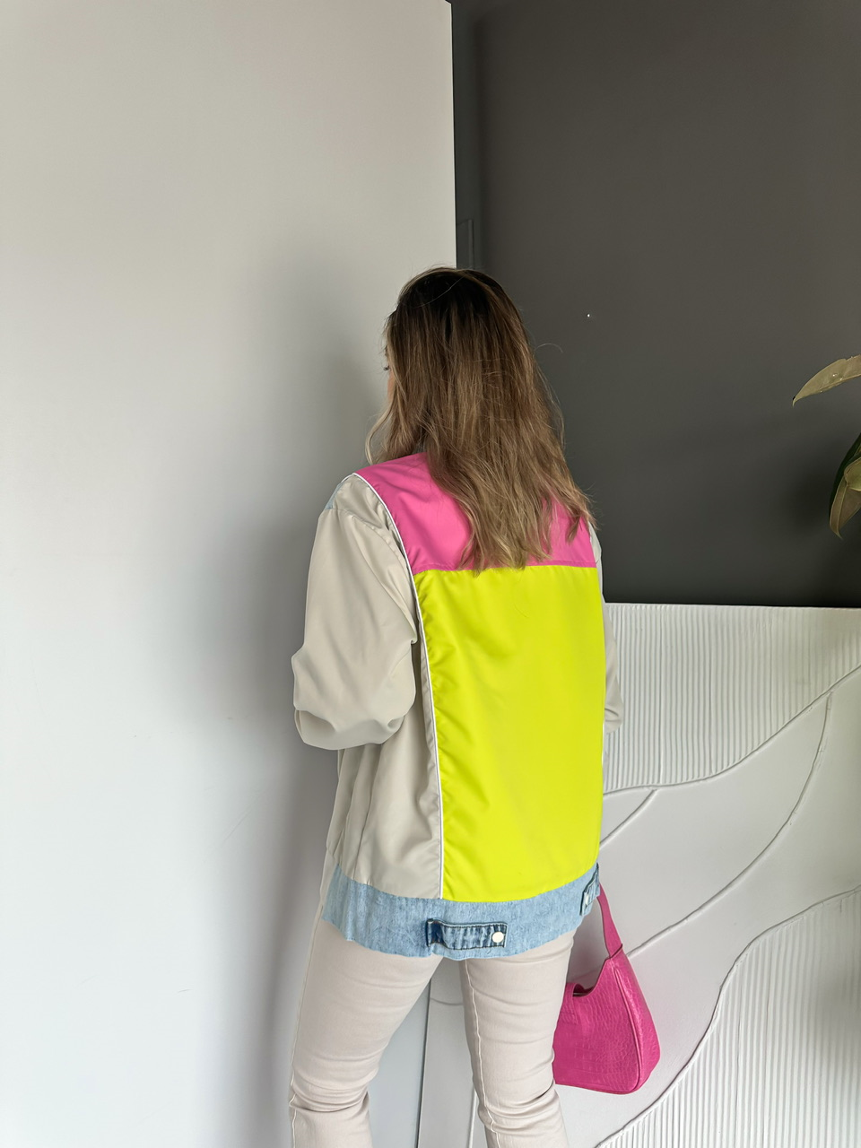 Pembe Neon Blok Renkli Kot Ceket