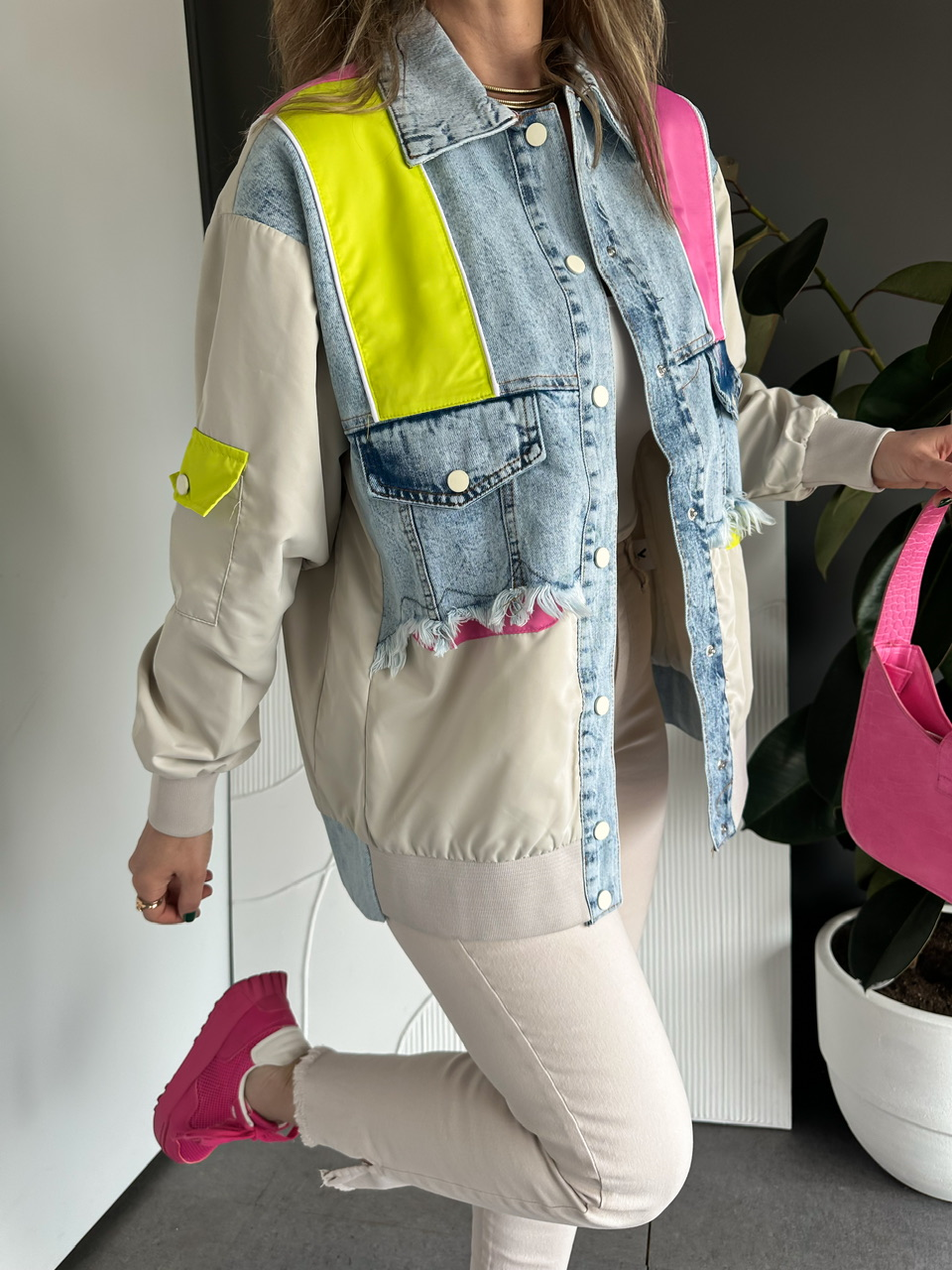 Pembe Neon Blok Renkli Kot Ceket
