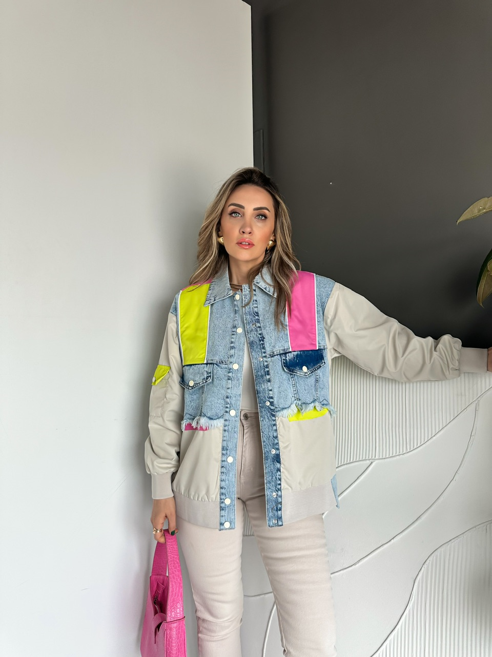 Pembe Neon Blok Renkli Kot Ceket
