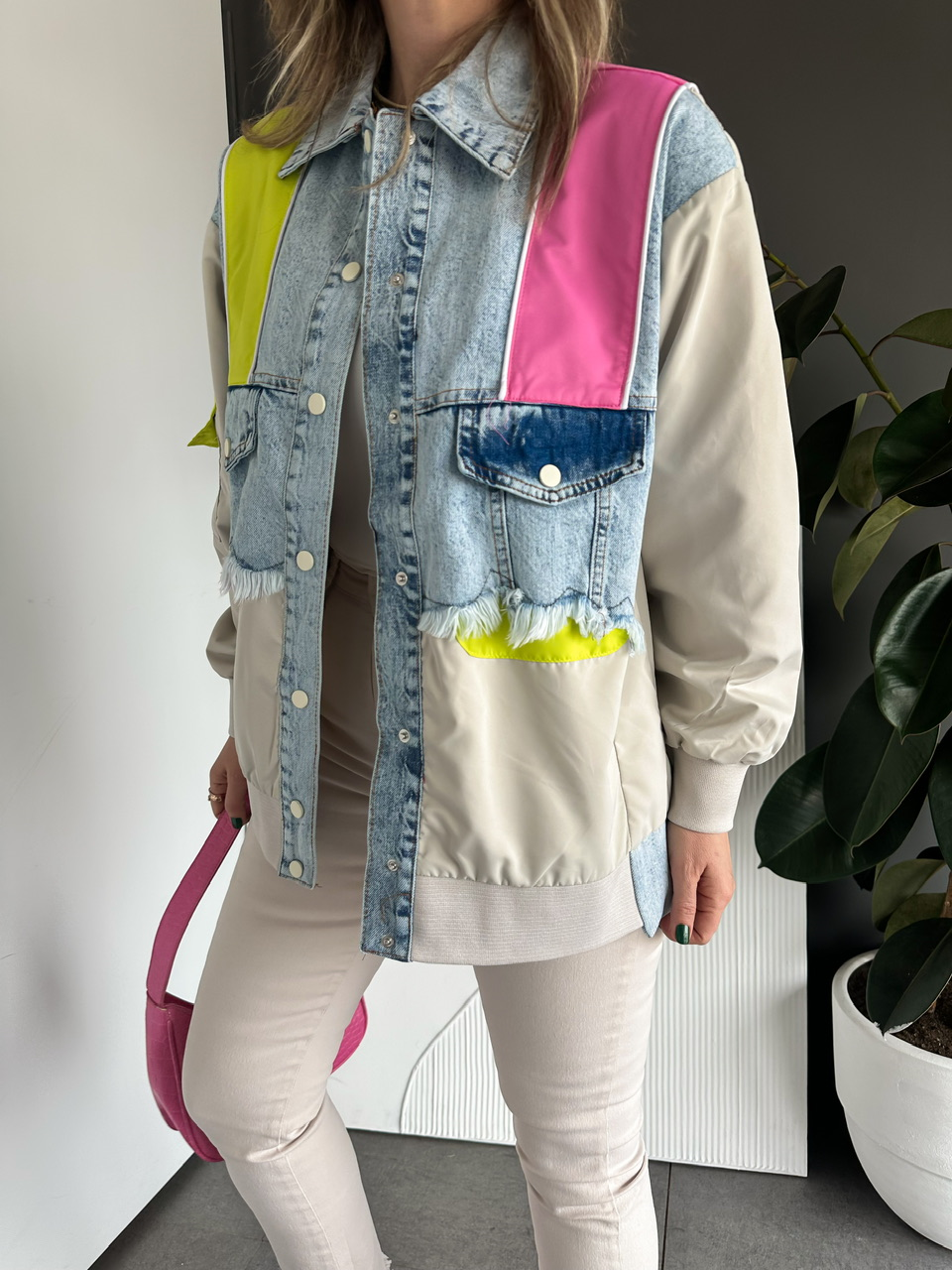 Pembe Neon Blok Renkli Kot Ceket