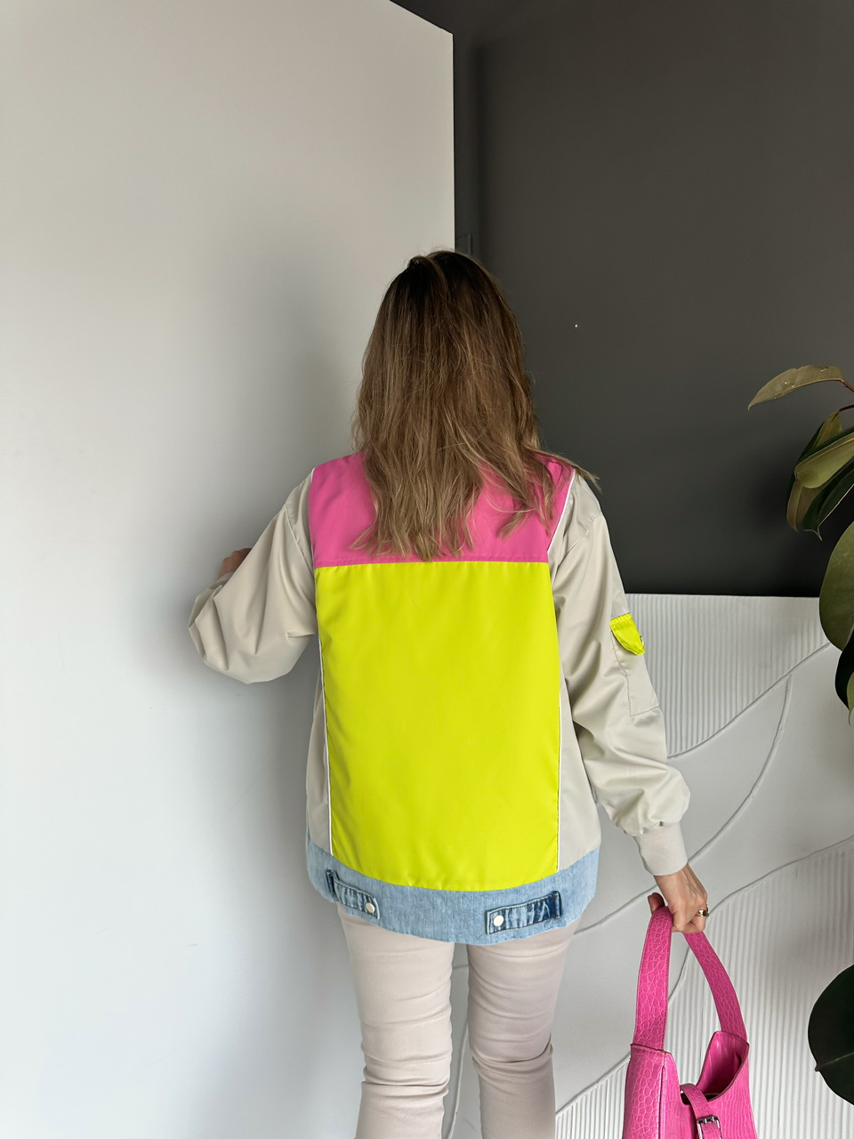 Pembe Neon Blok Renkli Kot Ceket