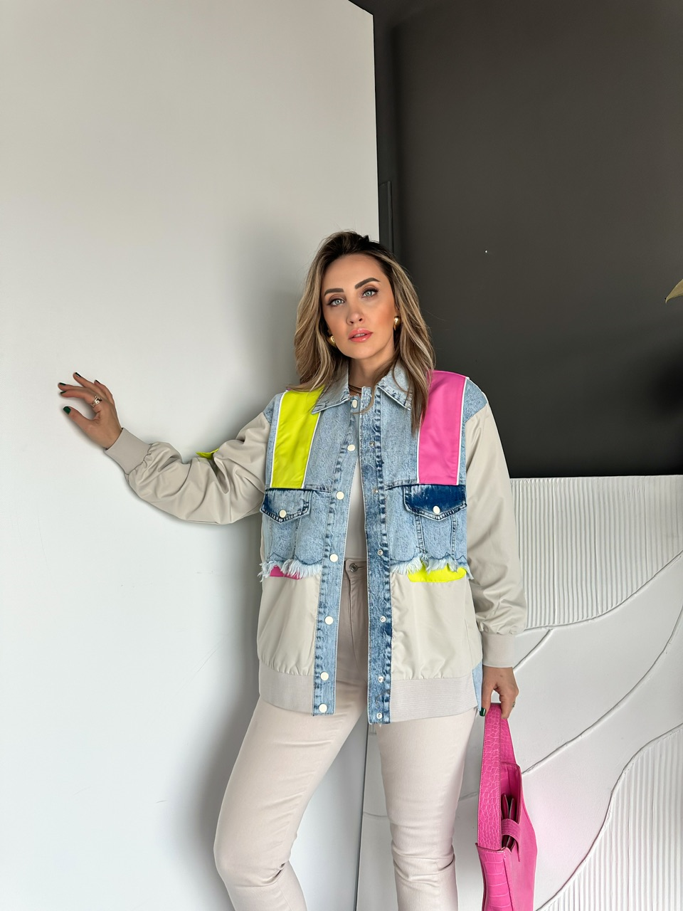 Pembe Neon Blok Renkli Kot Ceket