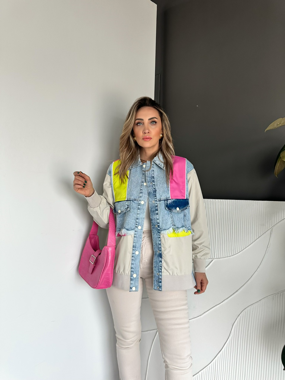Pembe Neon Blok Renkli Kot Ceket