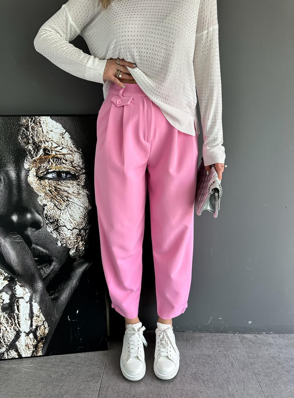 Pembe Paçası Düğmeli Bol Pantolon