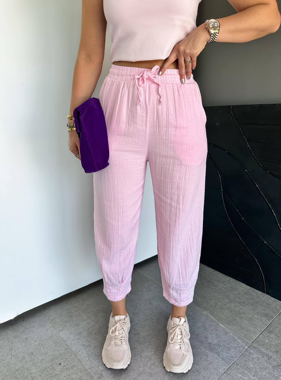 Pembe Paçası Pensli Müslin Pantolon