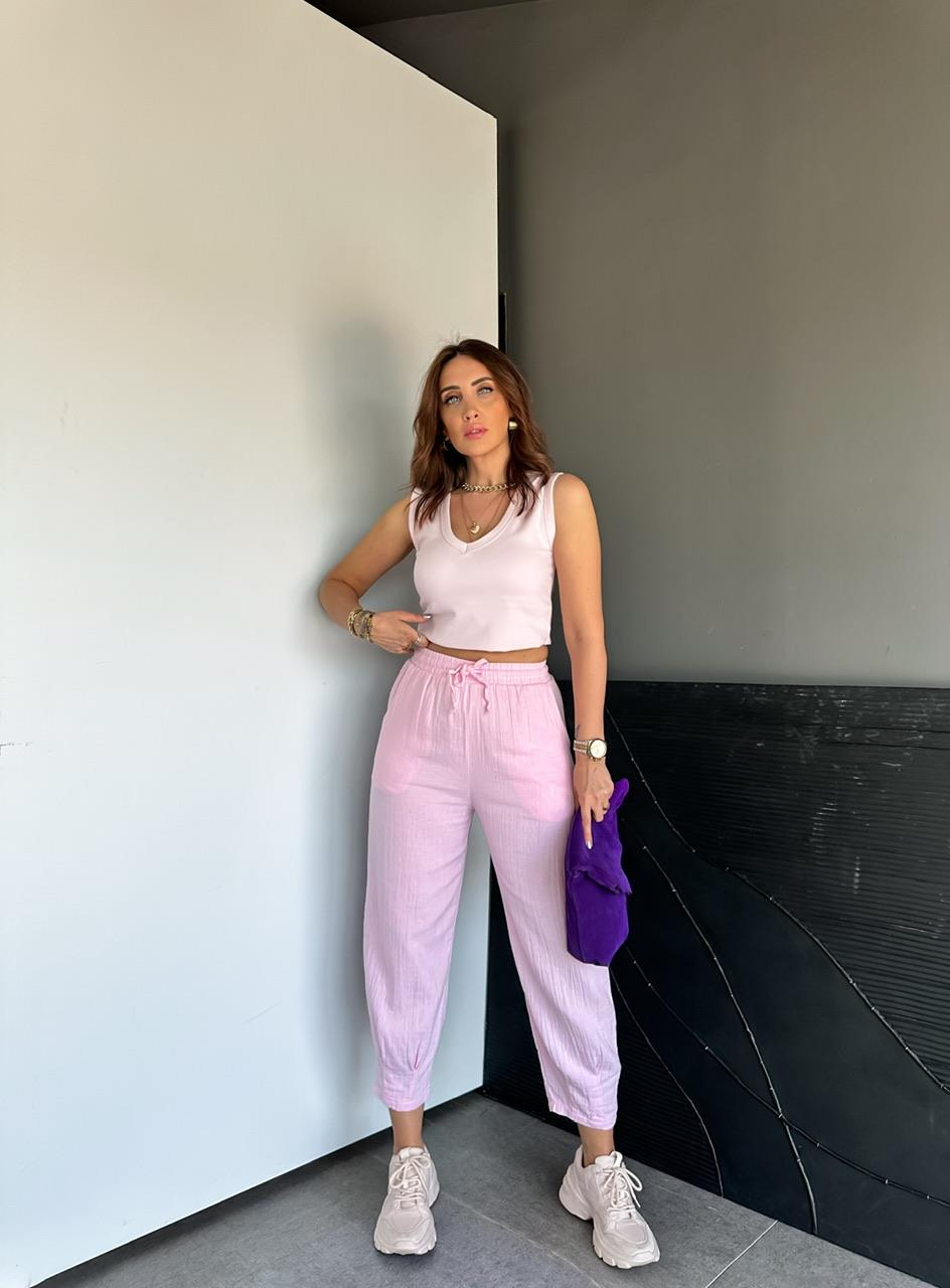 Pembe Paçası Pensli Müslin Pantolon