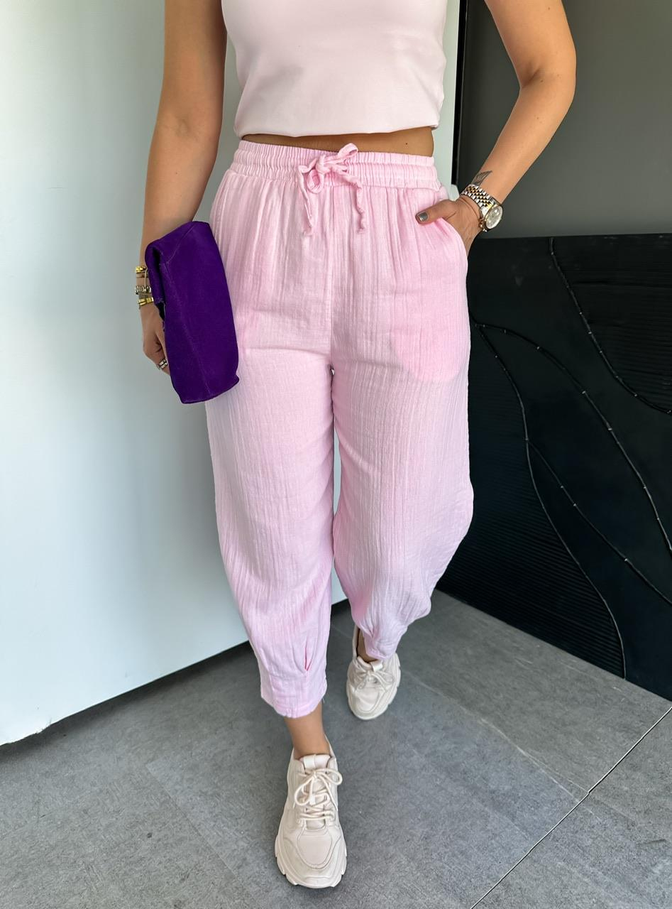 Pembe Paçası Pensli Müslin Pantolon