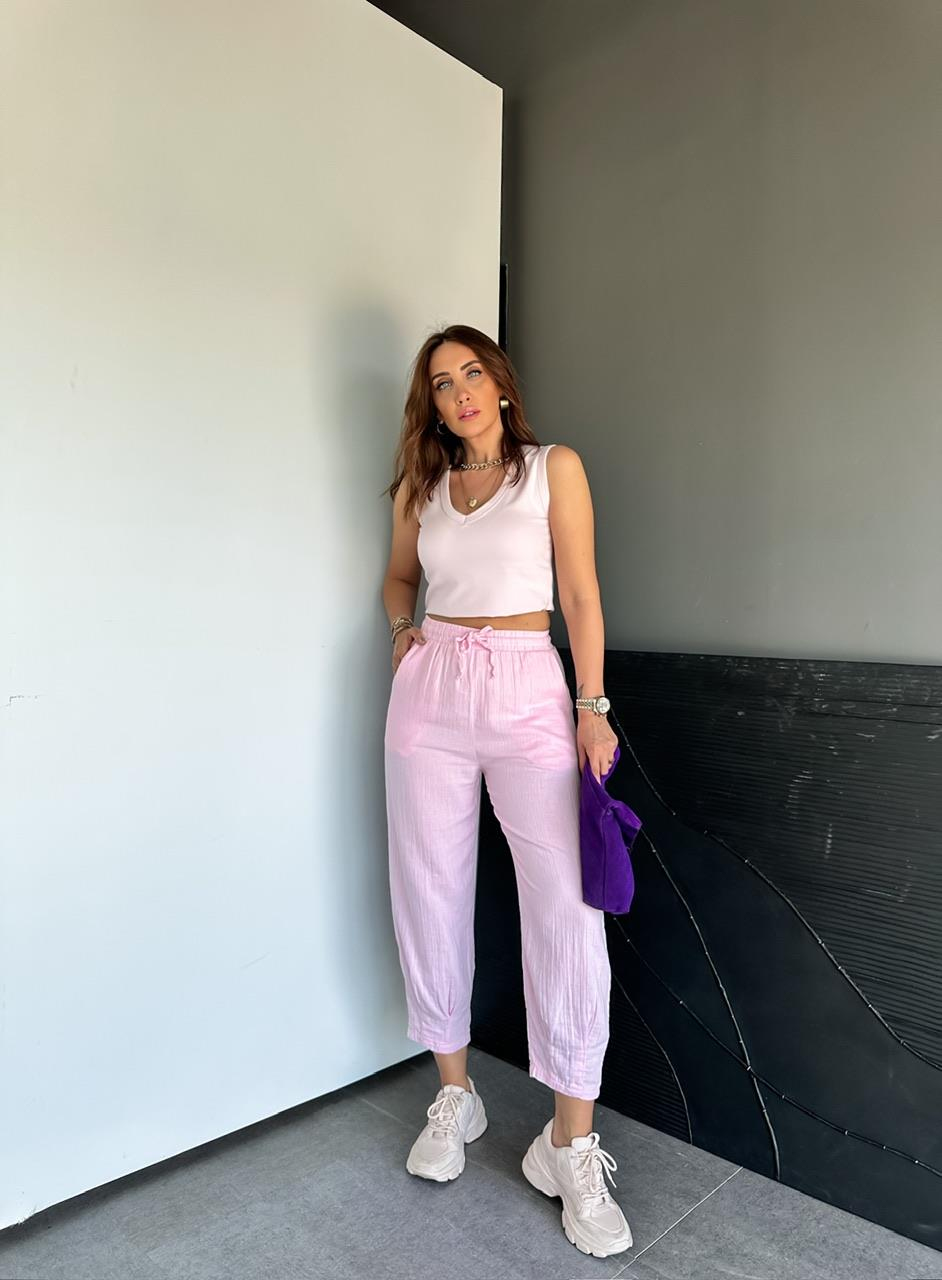 Pembe Paçası Pensli Müslin Pantolon