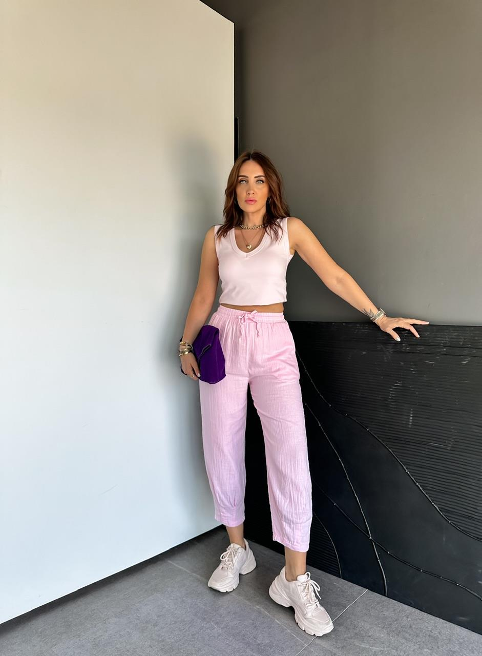Pembe Paçası Pensli Müslin Pantolon