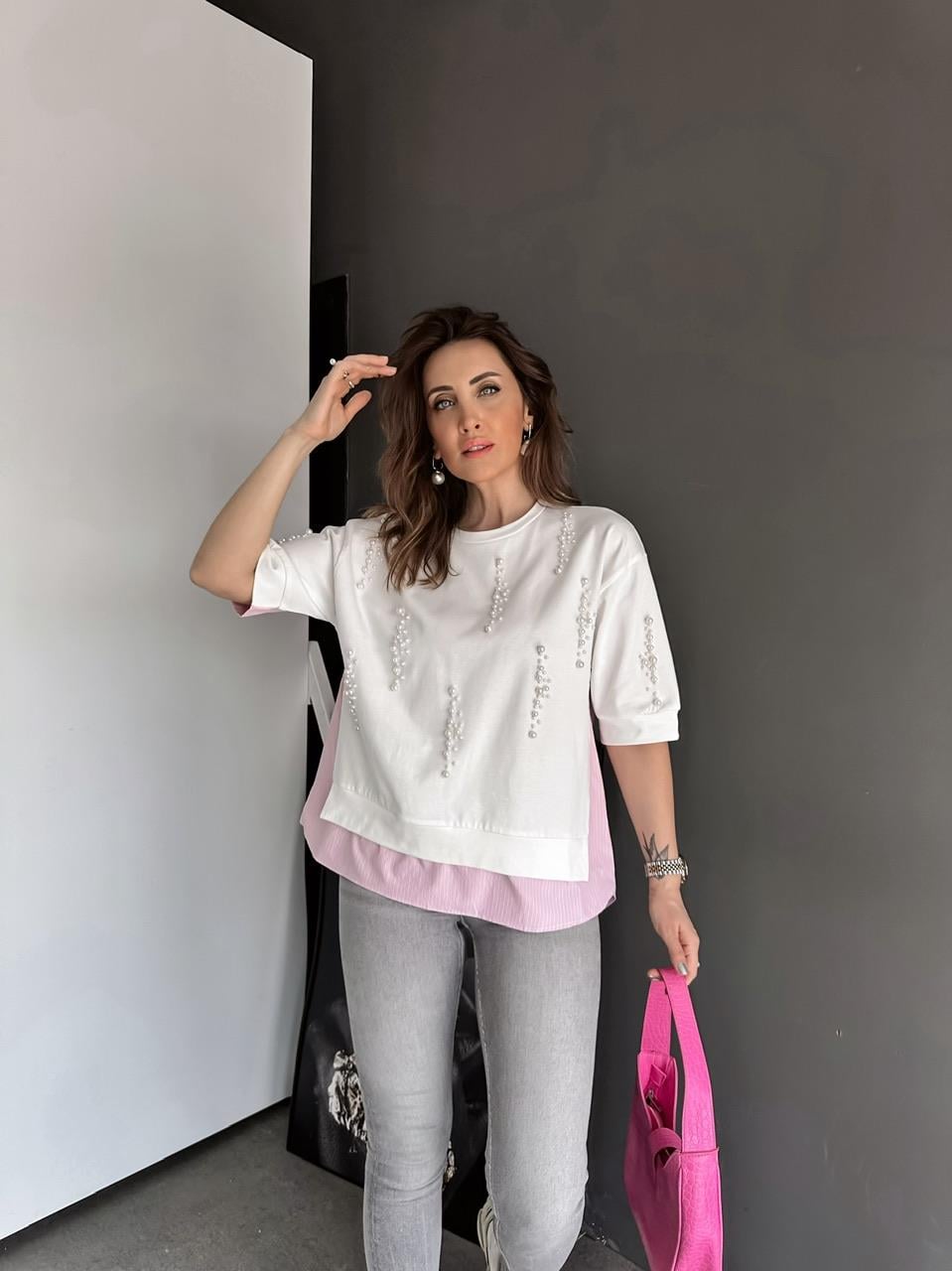 Pembe Parçalı İncili Sweatshirt