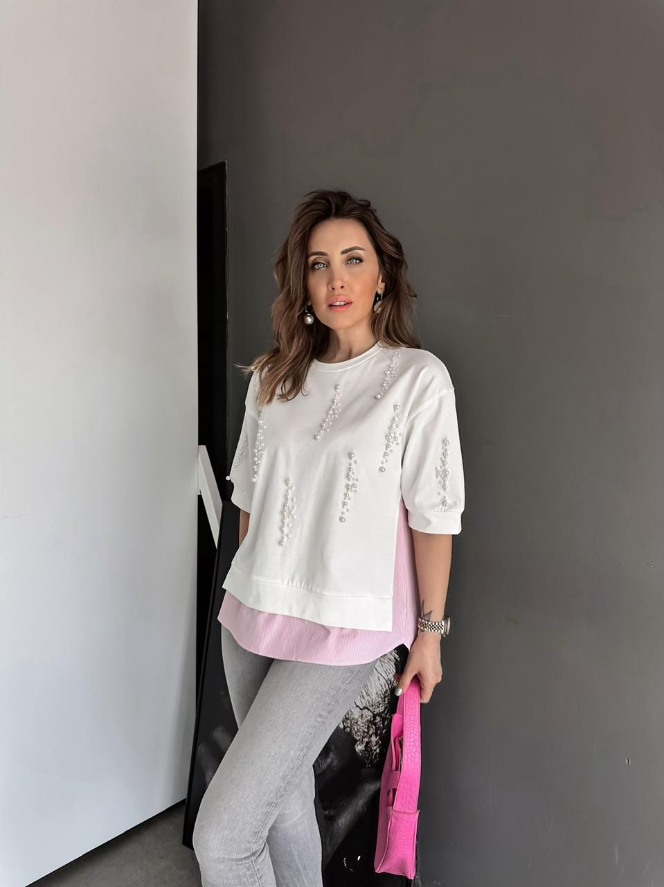 Pembe Parçalı İncili Sweatshirt