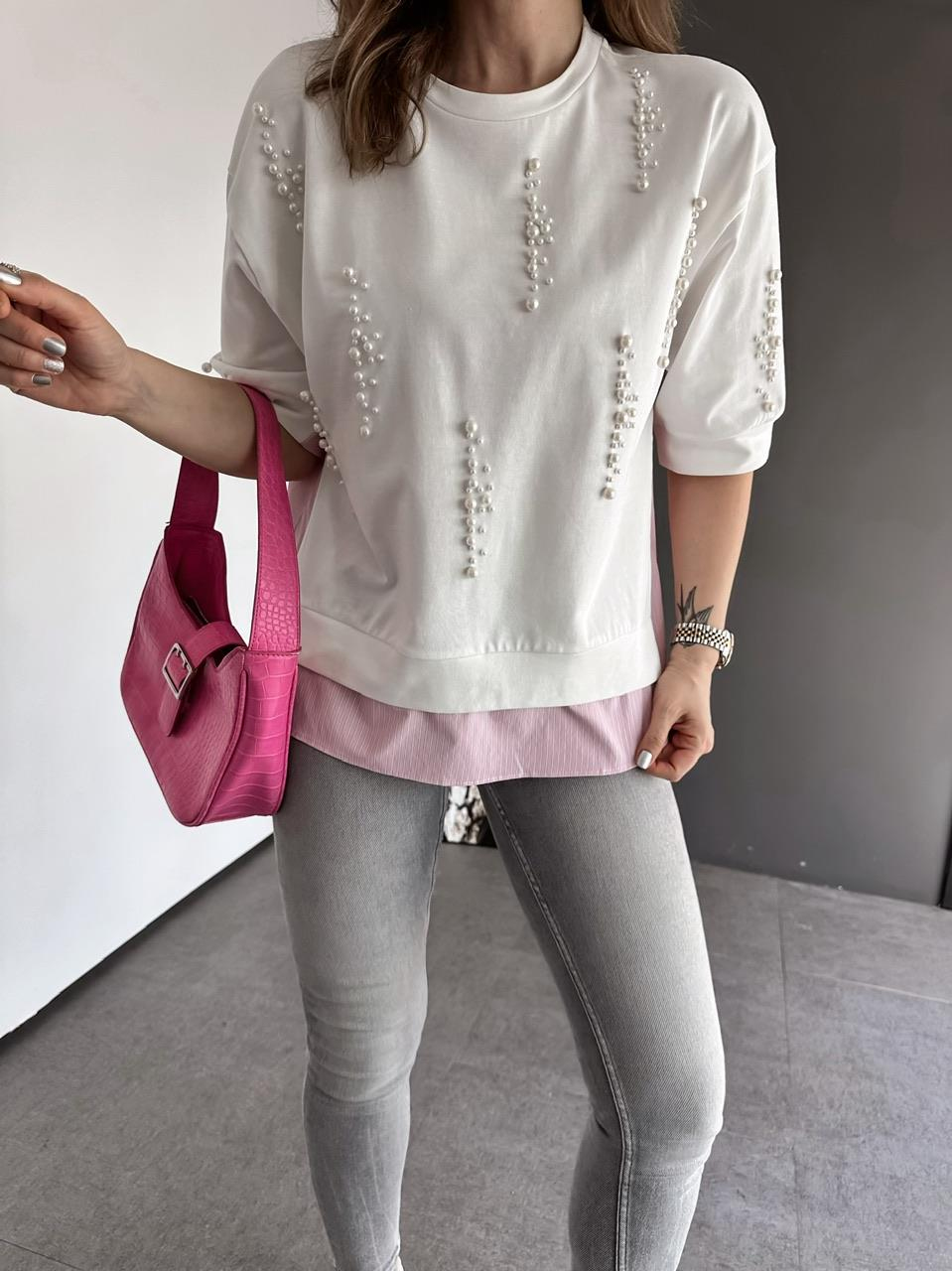 Pembe Parçalı İncili Sweatshirt