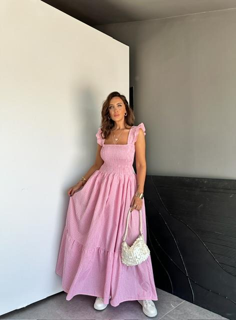 Pembe Piti Kareli Maxi Elbise