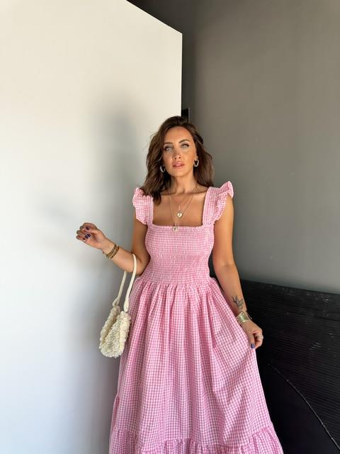 Pembe Piti Kareli Maxi Elbise