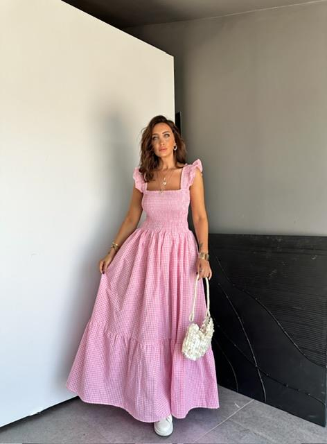 Pembe Piti Kareli Maxi Elbise